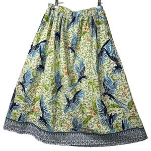 Alex Marie Tropical Bird Print Midi Skirt Linen Blend Elastic Waist M
